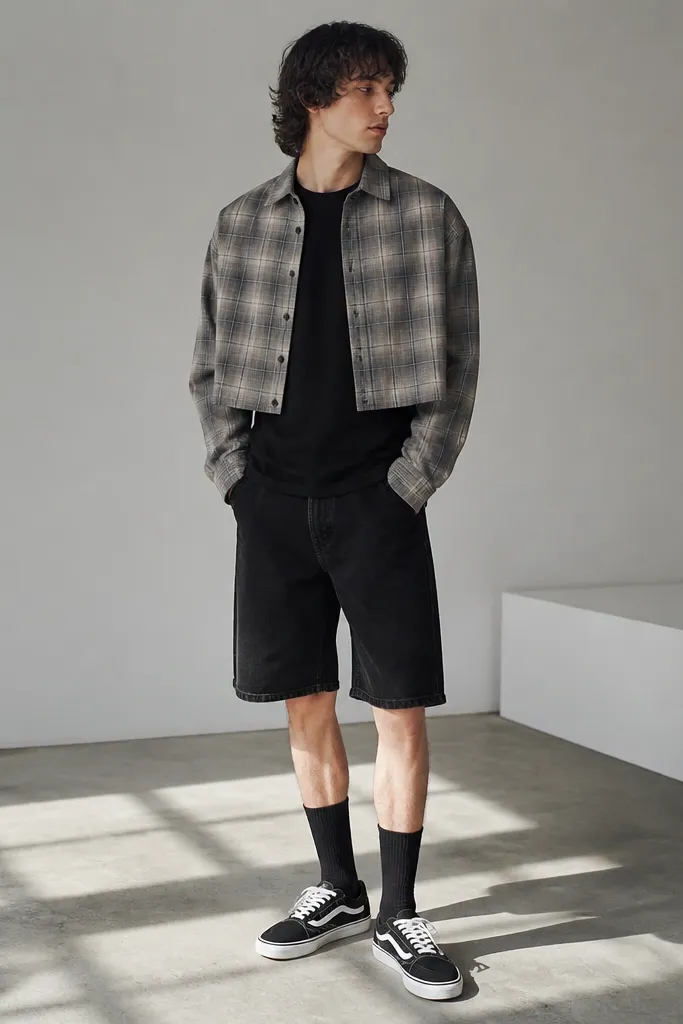 A man wearing a gray plaid cropped flannel open over a black tee, with black denim shorts. He has long black socks and black-and-white sneakers.