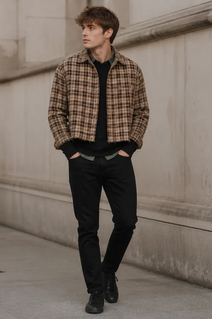 A layered shot: tan plaid cropped flannel over a black long-sleeve, with a thin olive overshirt peeking at the collar. He wears black jeans and dark sneakers.