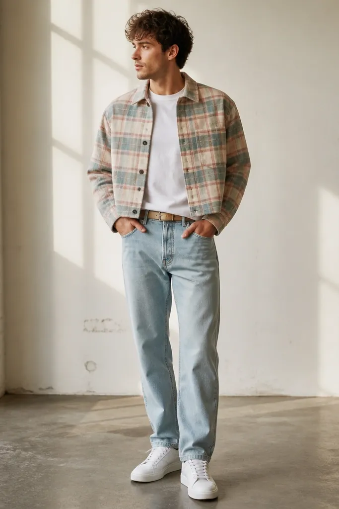 A man wearing a pastel plaid cropped flannel in muted tones over a white tee. He wears light wash straight jeans and clean white sneakers. A small tan belt matches his footwear.