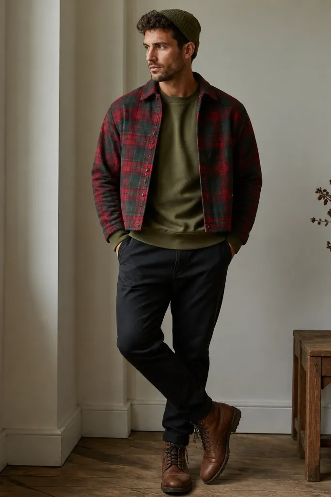 A man wearing a red-and-green plaid cropped flannel open over an olive crewneck. He wears dark chinos and brown leather boots. A knit cap sits pulled back slightly.