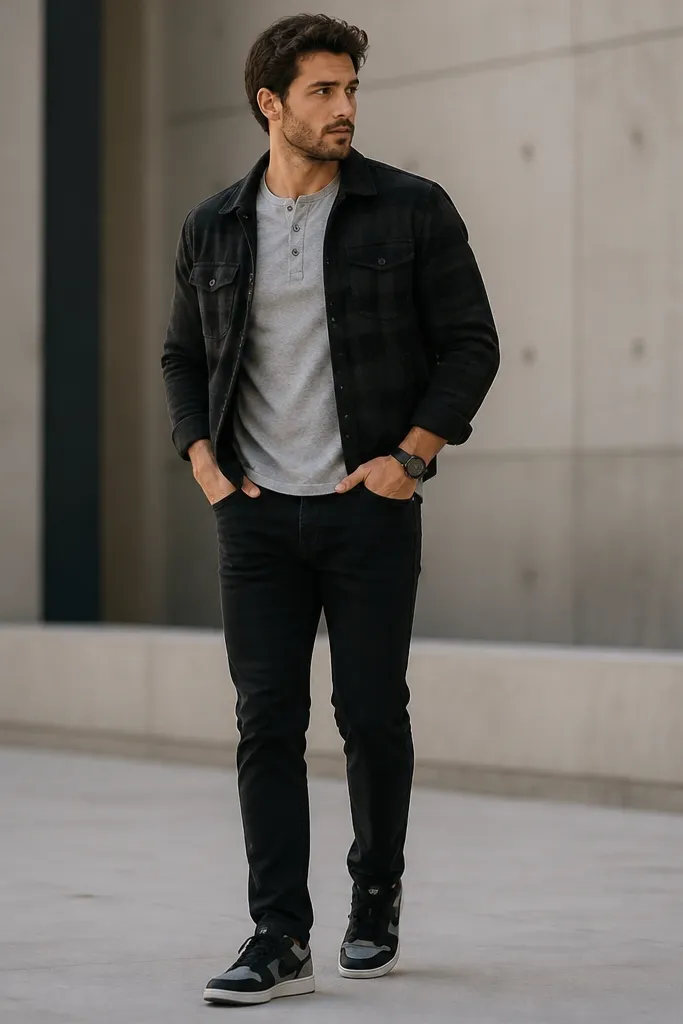 A man wearing a black cropped flannel open over a gray henley with visible buttons. He wears black jeans and black-and-gray sneakers. A dark watch is on his wrist.