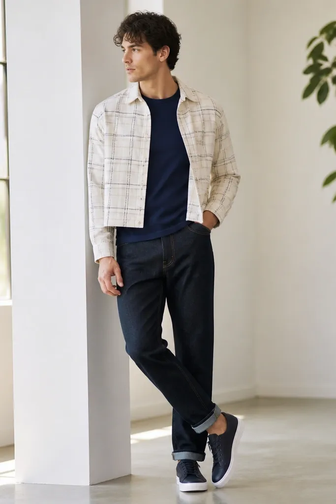 A man wearing a white cropped flannel in a subtle plaid over a navy tee. He wears dark jeans and navy sneakers. The outfit looks clean and bright with no visible scuffs.