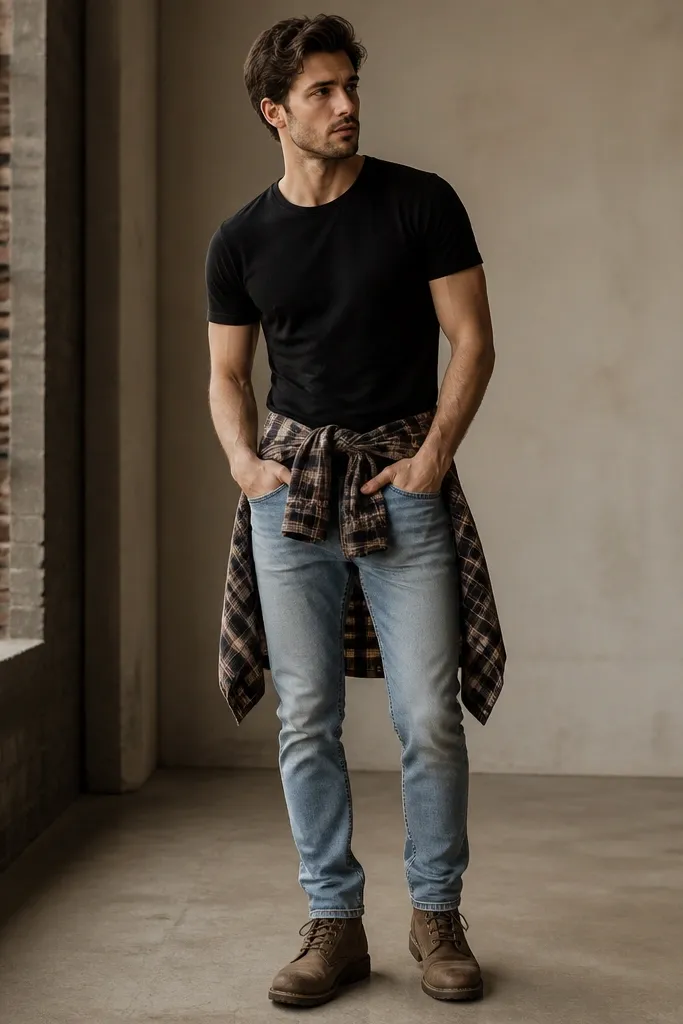 A man wearing a fitted black t-shirt and light blue jeans. A cropped flannel is tied around his waist with the plaid facing outward, and it sits above the belt line. He wears brown boots.