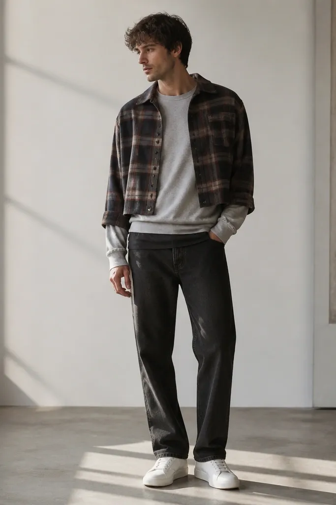 A man wearing a cropped flannel open over a light gray long-sleeve, with a darker tank peeking at the hem. He wears dark jeans and minimalist white sneakers.