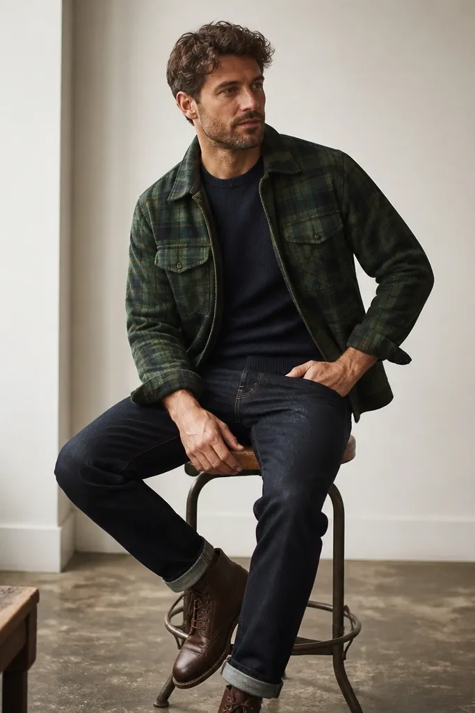 A man wearing a green plaid cropped flannel open over a navy crewneck sweater. The flannel sleeves are cuffed once. He wears dark jeans and brown leather boots.