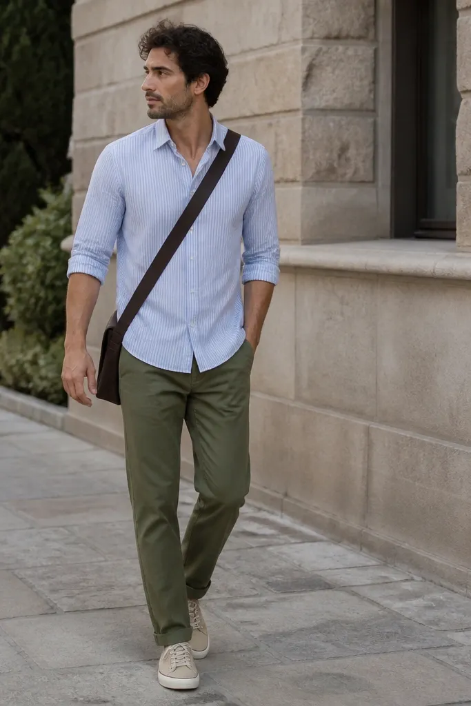 A man wearing a light blue striped shirt with sleeves rolled to mid-forearm. He has olive green chinos and light tan canvas sneakers. The collar is open at the top button. A crossbody bag strap crosses his chest.