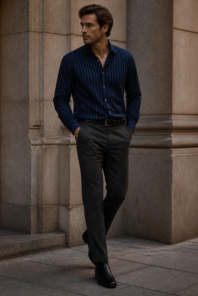 A man in a blue striped button-up worn untucked over charcoal trousers. The top button is open, collar lies flat. He wears black Chelsea boots and a slim black leather belt. The lighting is evening and the outfit looks darker and sharper.