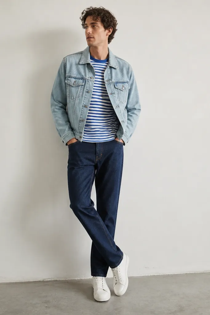 A man wearing a blue striped shirt under a light wash denim jacket. The jacket is open, sleeves are down. He has dark jeans and white sneakers. The striped pattern is visible at the chest and front.