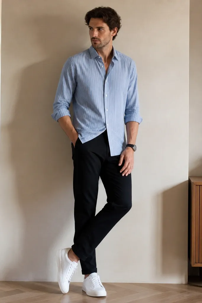 A man in a blue striped shirt with sleeves rolled once. He wears black chinos and clean minimalist white sneakers. The shirt is half-tucked at the front corners. There's a black watch and a thin silver ring.