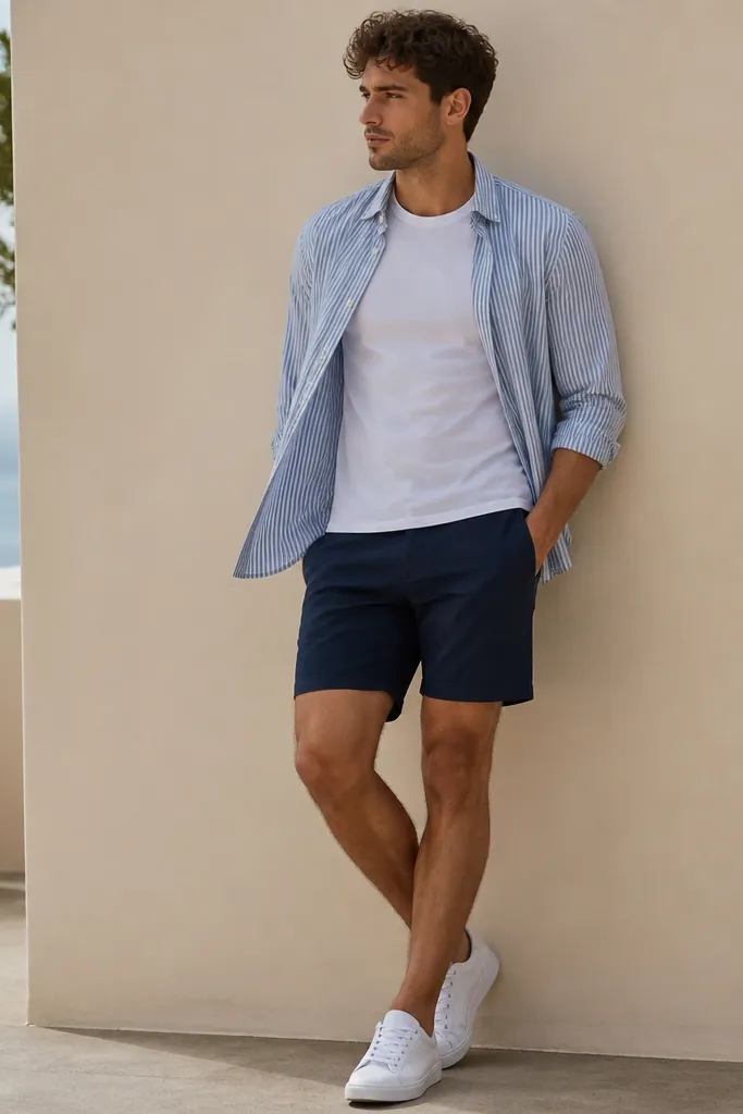 A man wearing a blue striped shirt open like a light overshirt over a fitted white t-shirt. He wears navy shorts and white sneakers. The striped shirt collar is open and sleeves hang naturally, with one sleeve slightly rolled.