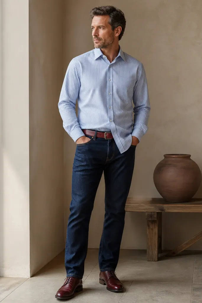 A man in a light blue striped button-up worn untucked. He has dark jeans, a burgundy leather belt, and burgundy leather shoes. The shirt sleeves are down and the collar is neatly pressed.