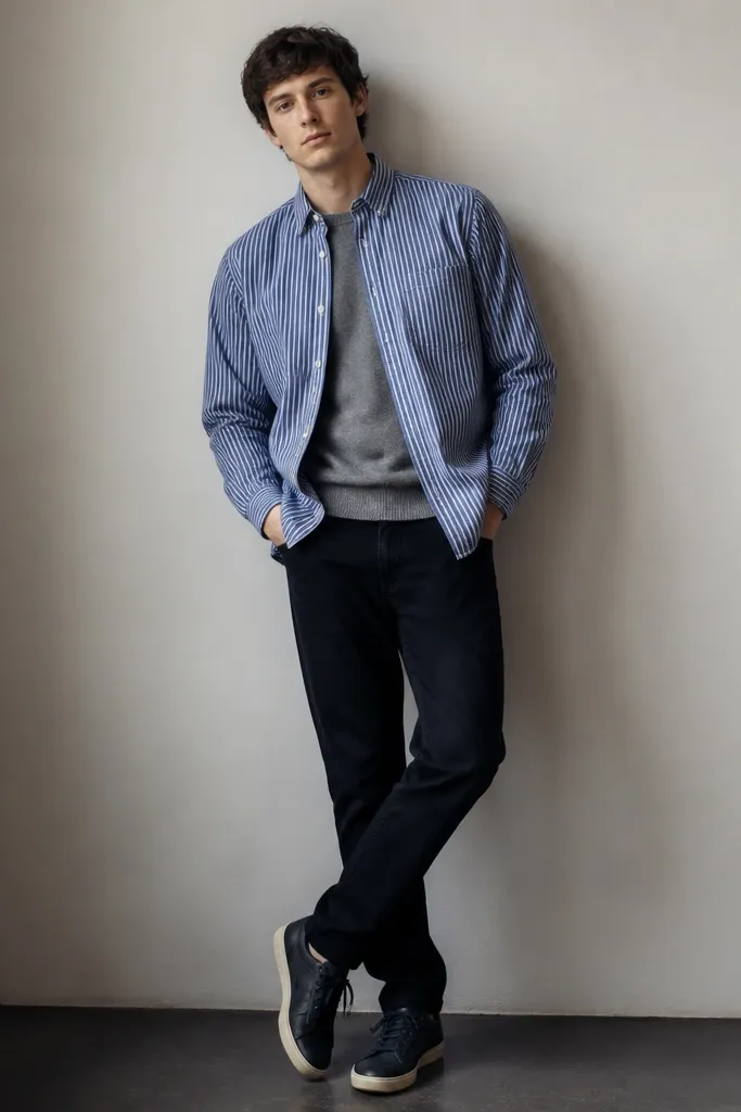 A man wearing a blue striped shirt layered over a gray crewneck sweater. The striped shirt is partially unbuttoned and drapes over the sweater. He has black jeans and dark sneakers. The sleeves are down.