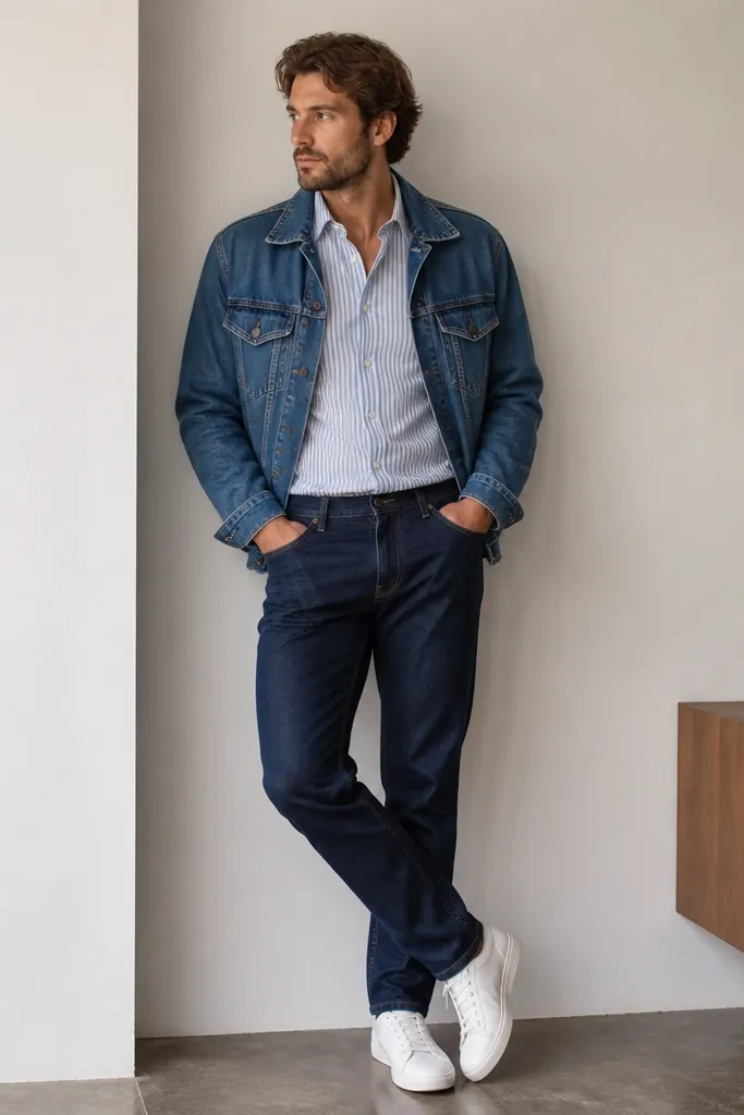 A man wearing the blue striped shirt tucked into dark indigo jeans. He also has a medium wash denim jacket worn open. White sneakers complete the outfit.