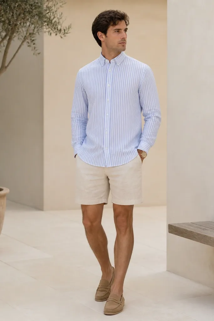 A man wearing a light blue striped shirt fully buttoned up to the top button. He has light beige linen blend shorts. The shirt is untucked but sits neatly. He wears tan loafers and a straw-like watch band.