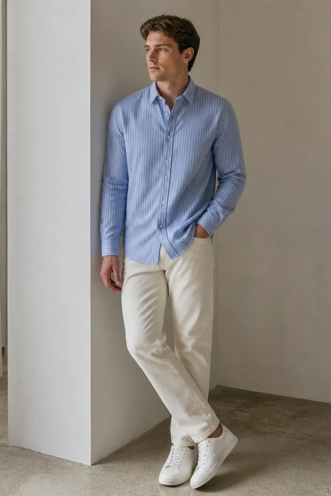 A man in a blue striped shirt worn slightly untucked. He wears off-white jeans and white sneakers. The shirt is buttoned and the sleeves are down with cuffs flat.