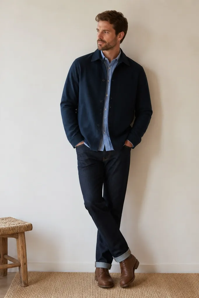 A man wearing a blue striped shirt under a navy overshirt with a clean collar. The overshirt is buttoned, and the striped shirt shows at the neckline and front. He wears dark jeans and brown shoes.