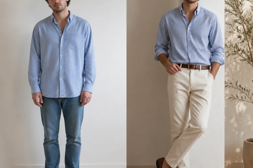 Before after casual blue striped shirt outfit men