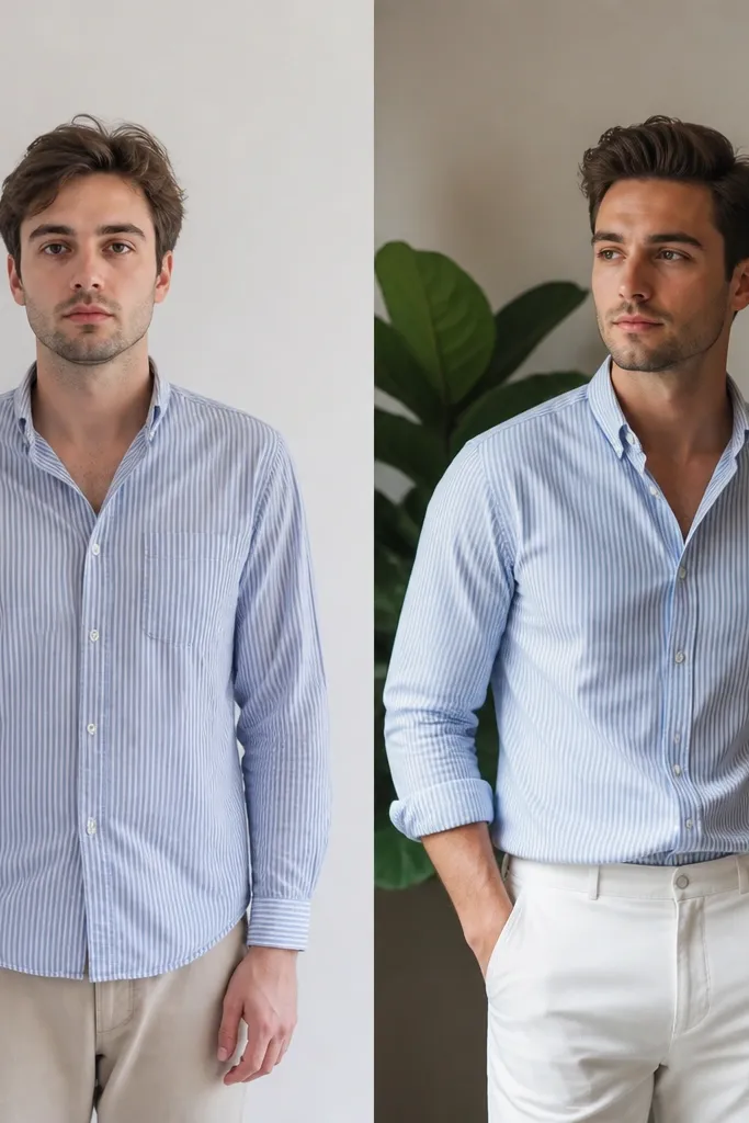Before after casual blue striped shirt outfit men