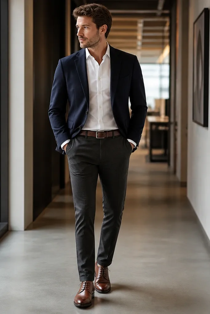 Man wearing a navy blazer with a white button-down oxford shirt, charcoal slim chinos, and brown leather cap-toe oxfords. The jacket sleeves show a small strip of shirt cuff. Belt matches the shoe tone. Background is an office hallway.