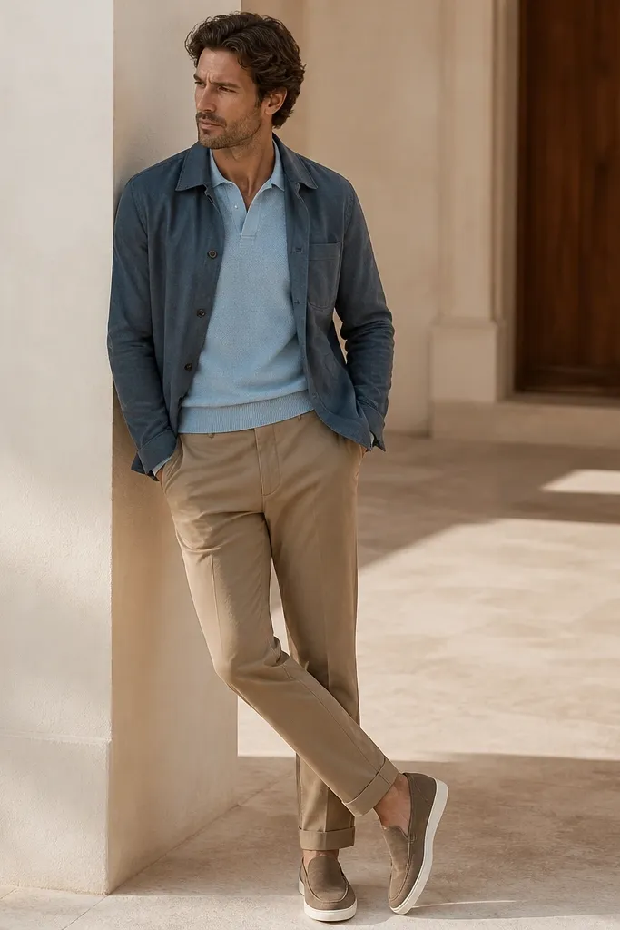 Man in a slate blue overshirt worn open over a light blue knit polo. He pairs tan chinos and suede loafers with a white sole. The overshirt has visible buttons and a casual collar shape.