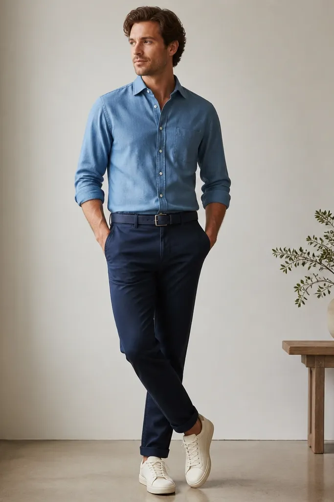 Man wearing a mid-blue chambray button-up tucked into navy chinos. He has a navy belt and clean cream low-top sneakers. Shirt sleeves are rolled to show forearm, with no tie.