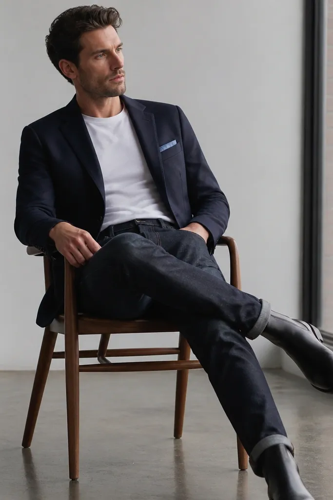 Man wearing a navy suit jacket over a white crewneck tee. He pairs dark indigo jeans and black leather boots. A chambray pocket square peeks from the jacket breast pocket.