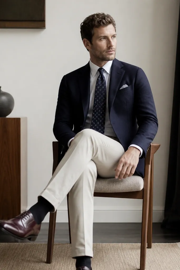 Man in a navy blazer with a white dress shirt and a blue patterned tie. He wears beige trousers and oxblood leather derbies. The tie knot is centered and the pocket square is subtle.