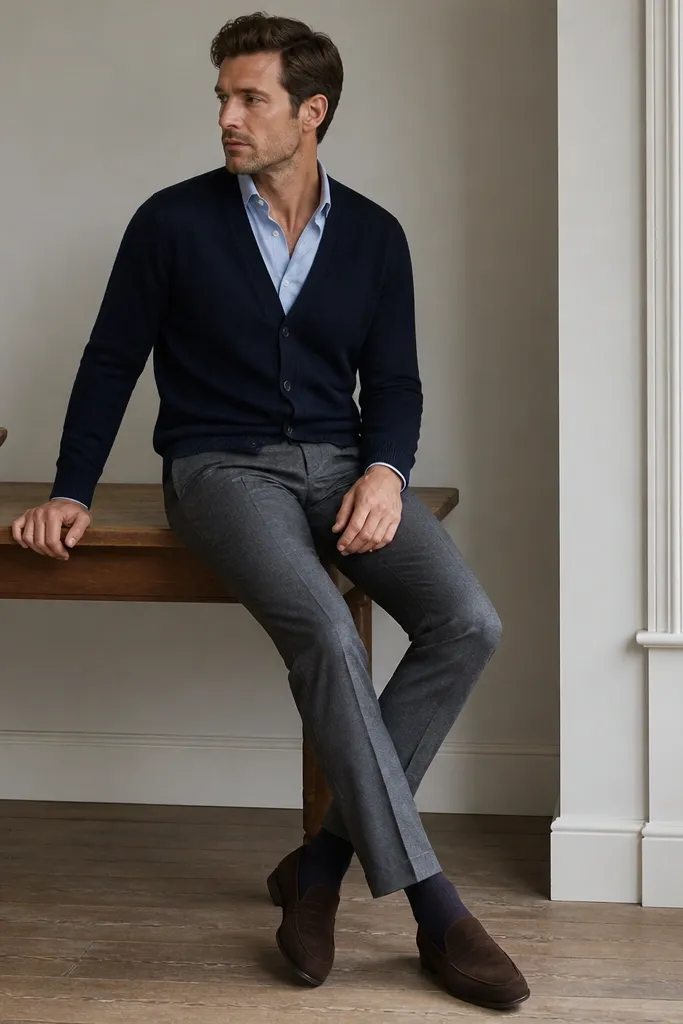 Man wearing a light blue dress shirt with the top button undone, layered under a navy cardigan. He pairs gray wool trousers and dark brown loafers. The cardigan is buttoned and sits flat across the torso.
