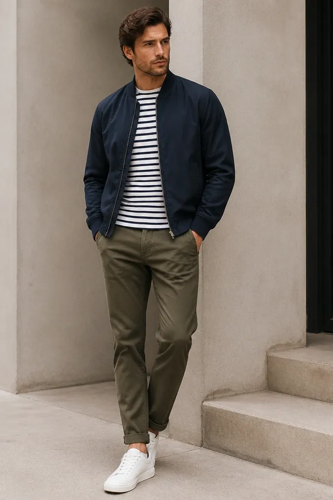 Man wearing a navy bomber jacket over a crewneck with white and blue stripes. He pairs olive chinos and clean white leather sneakers. The bomber has a ribbed collar and cuffs.