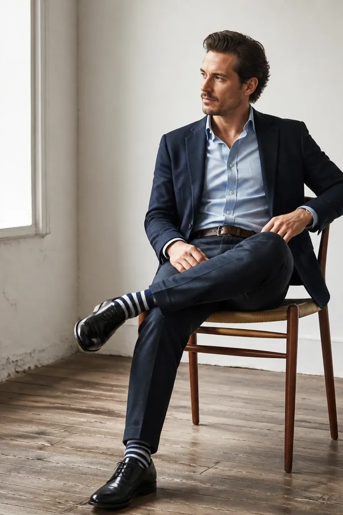 Man wearing a navy blazer with a chambray shirt (light blue) tucked in, black leather derby shoes, and visible navy-and-white striped socks. A leather belt matches the shoe color.