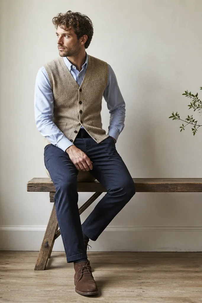 Man wearing a blue oxford shirt under a beige knit vest. He pairs navy chinos and brown suede chukka boots. Buttons are visible and the vest fits close without pulling.