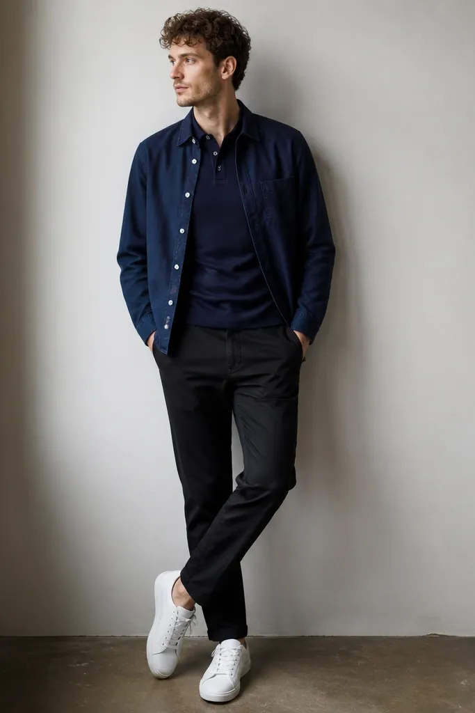 Man wearing a navy polo-style t-shirt under an indigo overshirt. He pairs black chinos and white sneakers. The overshirt is slightly open with visible buttons.