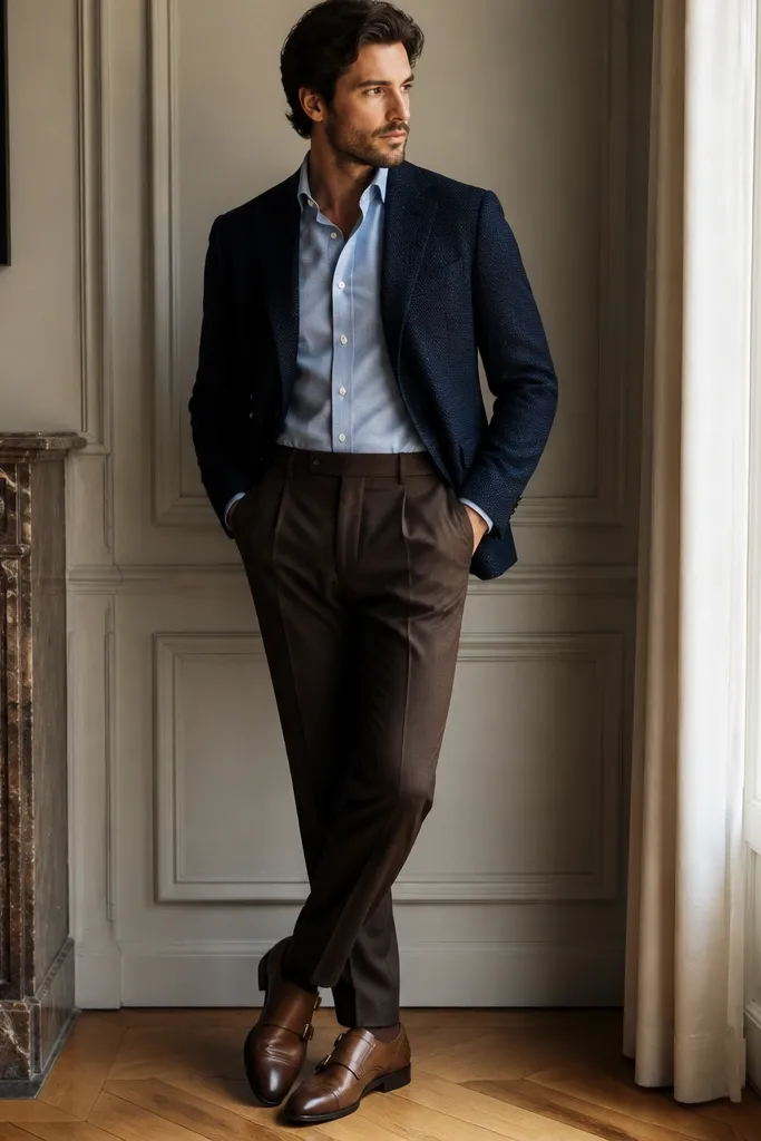 Man wearing a blue dress shirt under a navy textured blazer. He pairs dark brown trousers and brown monk strap shoes with two buckles. The outfit looks polished and formal-casual.