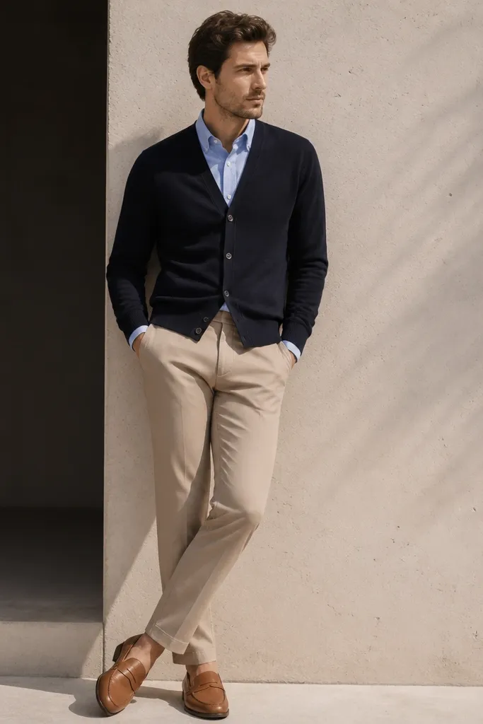 Man wearing a light blue poplin shirt with a navy cardigan. He pairs stone-colored chinos and tan leather loafers. The cardigan is buttoned and the shirt is tucked neatly.