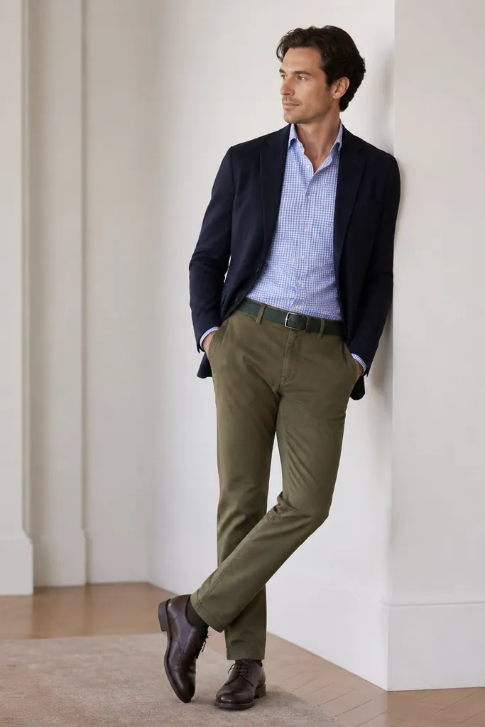 Man with a navy blazer wearing a pale blue gingham shirt. He pairs olive chinos and a dark green leather belt. Shoes are dark brown leather, and the shirt is tucked.