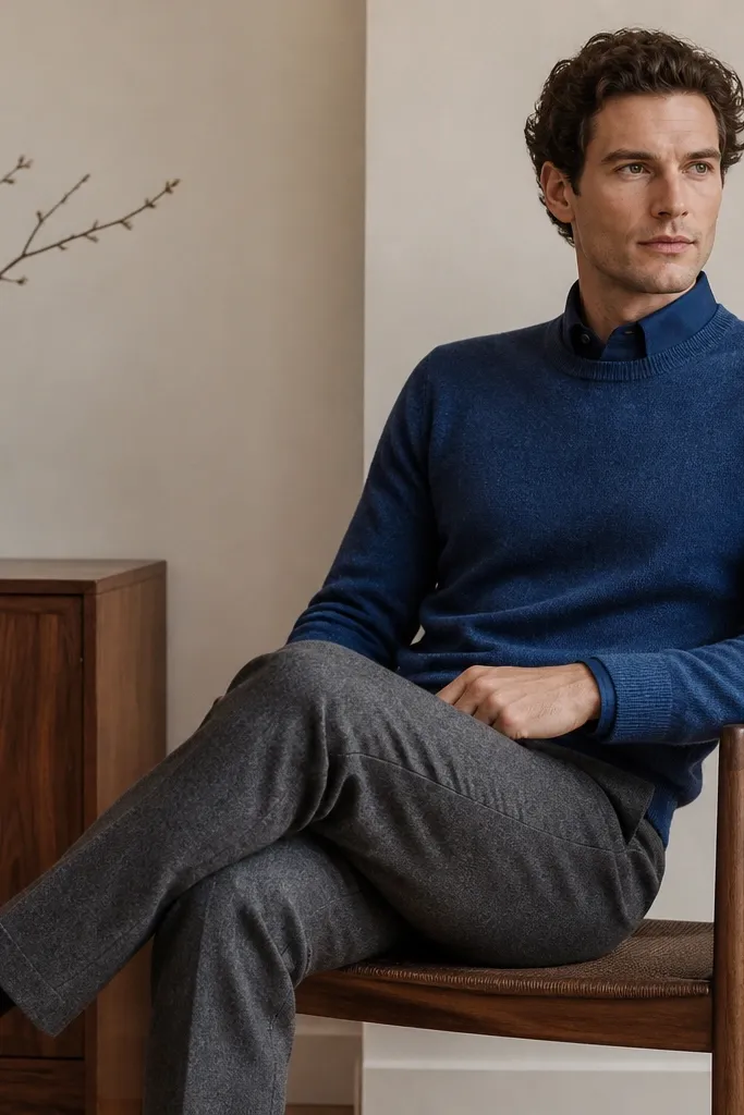 Man wearing a blue crewneck sweater over a navy dress shirt. The dress shirt collar peeks out at the neckline. He pairs gray flannel trousers and black leather oxfords.