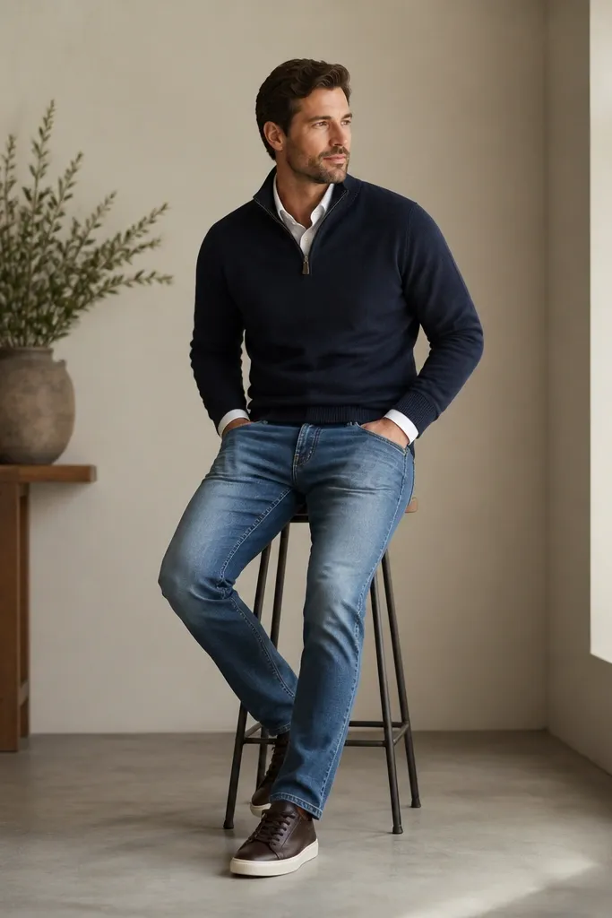 Man wearing a navy quarter-zip sweater over a white button-up shirt. He pairs medium wash jeans with a dark brown leather sneaker. The zip is half up and collar peeks out.