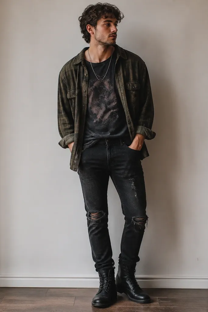 A man wearing a washed black crewneck band-graphic tee tucked slightly at the front, an olive green flannel button-down worn open, distressed black slim jeans, and black leather lace-up boots. The flannel sleeves are rolled once and the cuffs show worn fabric. A thin silver chain rests at the base of the neck.