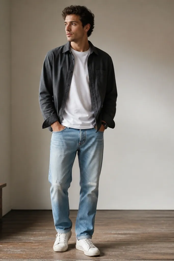 A man in a charcoal gray overshirt with a chest pocket worn unbuttoned, a plain white tee underneath, light blue straight-leg jeans with worn knees, and white low-top sneakers with slightly scuffed toes. A black watch peeks from under the overshirt cuff.
