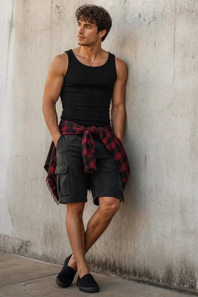 A man wearing a red and black plaid flannel tied at the waist over a black ribbed tank, black cargo shorts with side pockets, and black canvas slip-on shoes. The flannel has frayed edges at the hem, and the shorts show a slightly washed finish.