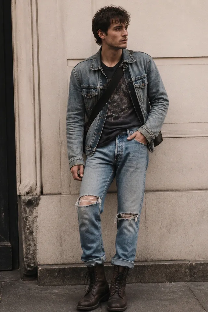 A man wearing a faded graphic band tee, a medium-wash denim jacket worn open with visible wear on the cuffs, ripped straight-leg jeans with knee tears, and dark brown combat boots. A small crossbody strap crosses the chest.