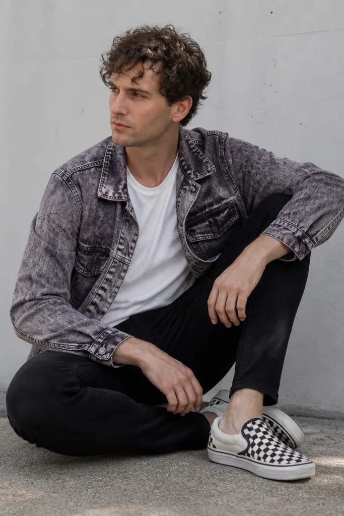 A man in a plain white crewneck tee, an acid-wash jacket with purple-gray mottling worn open, black skinny jeans, and black-and-white checker slip-on vans. The jacket collar is slightly curled from wear.