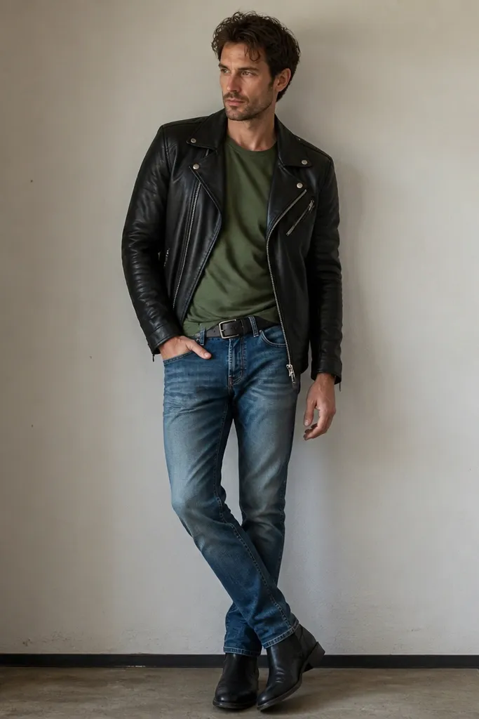 A man wearing an olive green short-sleeve tee, a black leather moto jacket with asymmetrical zipper, faded blue jeans with soft whiskering, and black leather low boots. His hair looks slightly messy, and a matte black belt shows at the waist.