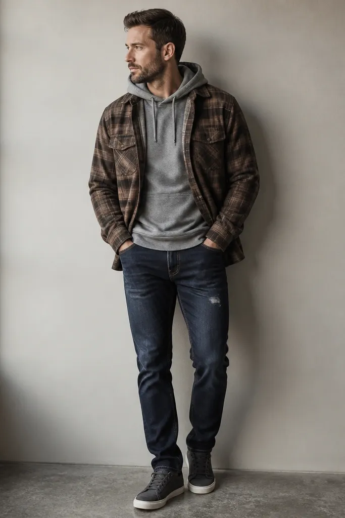 A man in a heather gray hoodie worn under an open brown flannel, dark indigo jeans with slight distress at the thigh, and dark gray sneakers. The hoodie strings hang loose and the flannel hem sits around the hips.