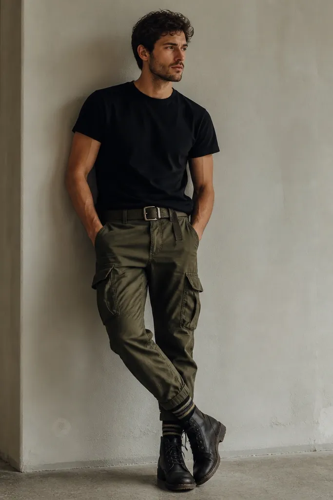 A man wearing a plain black tee, olive cargo pants with multiple pockets and a tapered ankle, and black boots. Thin striped socks peek above the boot line, and a canvas belt with a worn buckle wraps the waist.