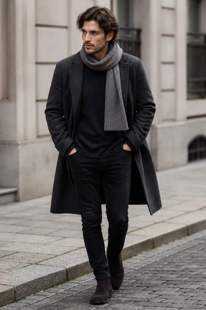 A man wearing a navy long-sleeve tee, a charcoal overcoat worn open, and a grey knit scarf wrapped once around the neck. He has black jeans and dark suede ankle boots. The scarf ends hang unevenly.