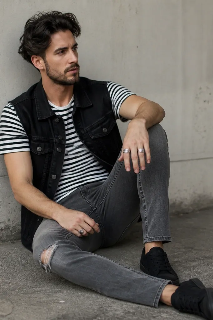 A man wearing a black-and-white striped tee, a black denim vest worn open, grey jeans with light distress at the knee, and black sneakers. A silver ring stack is visible on one hand.