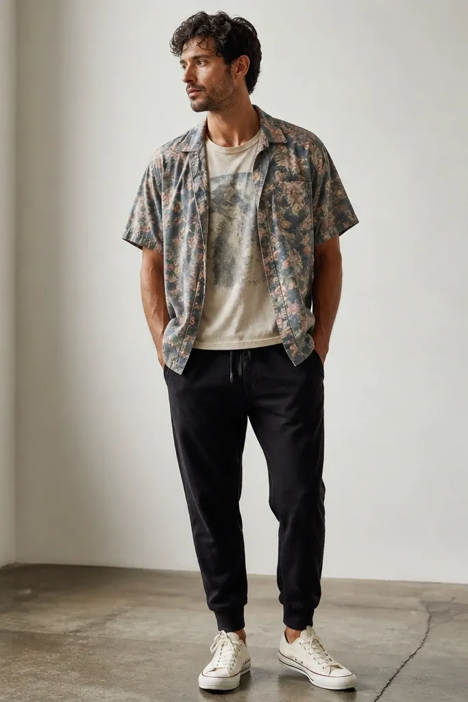 A man wearing a faded floral short-sleeve button-up worn open over a worn graphic tee, black joggers tapering at the ankle, and white canvas sneakers. The floral shirt has small wrinkles and the collar sits slightly off-center.