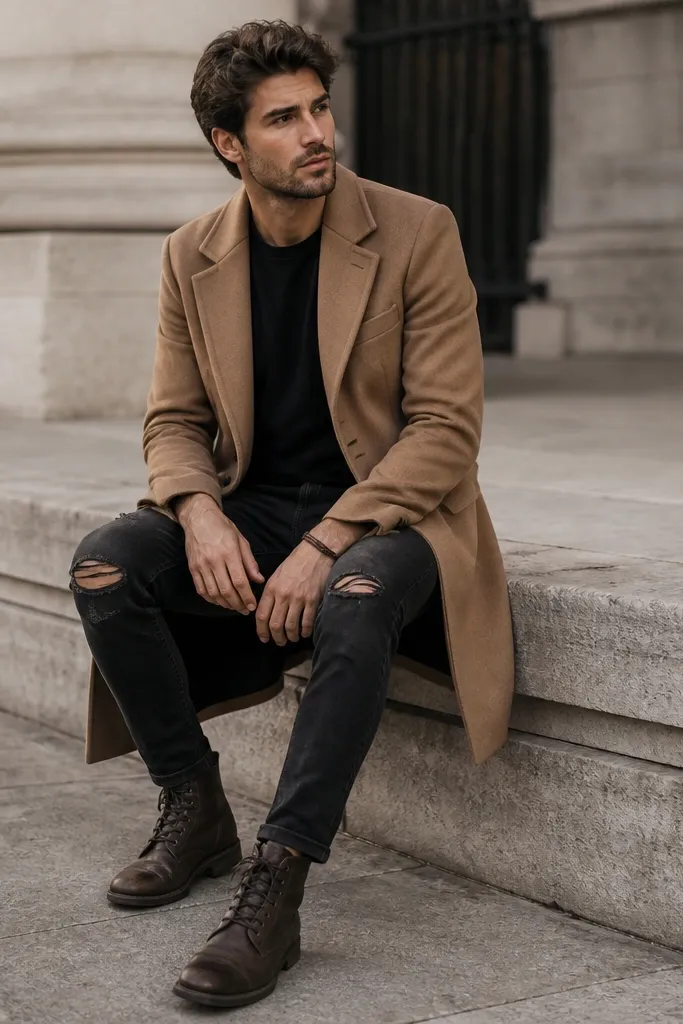 A man wearing a camel-brown overcoat open, a black tee underneath, black jeans with small rips at the knee, and distressed dark brown lace-up boots. A simple leather bracelet wraps his wrist.