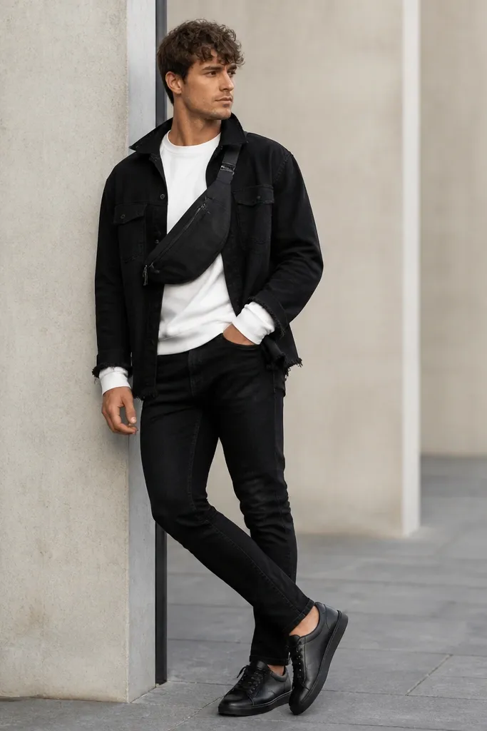 A man wearing a white long-sleeve shirt, a black denim jacket worn open, black jeans, and a black belt bag worn across the chest. The jacket has frayed seams at the hem and cuffs, and the shoes are black leather sneakers.